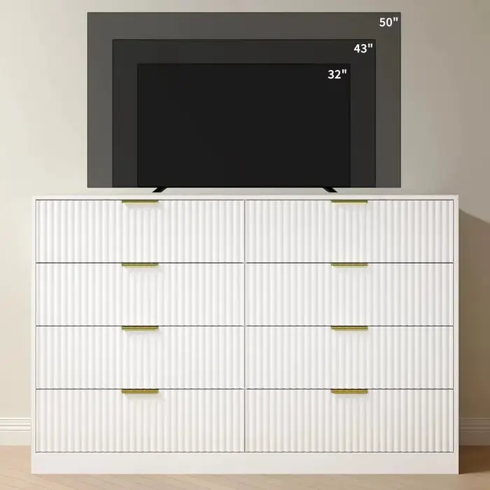 Commode cannelée pour chambre à coucher avec 8 tiroirs, commode double blanche de 55 pouces de large