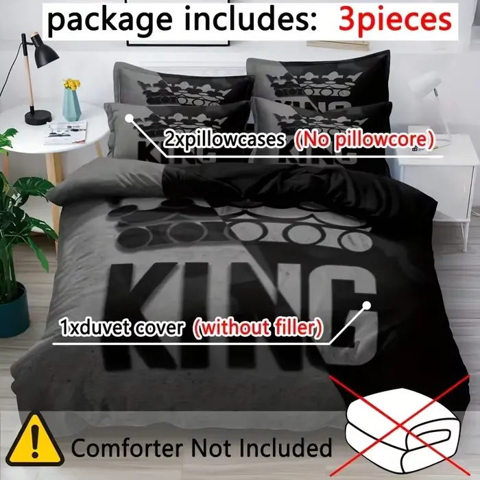 Ensemble de housse de couette à motif de lit King Size gris et noir
