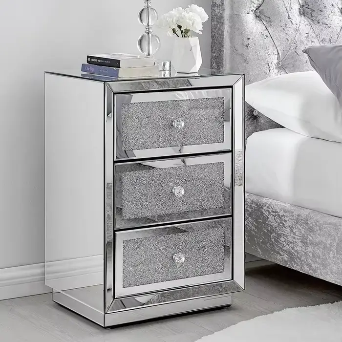 -Mode de luxe moderne diamant concassé miroir 3 tiroirs rangement Table de chevet côté lit Table de 