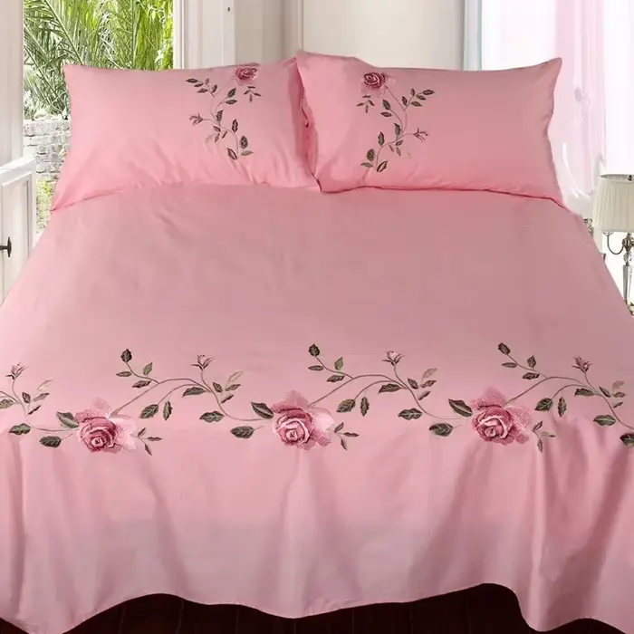 WASART Rose flore broderie design drap plat couleur unie coton sergé lin literie luxe maison textiles reine roi taille
