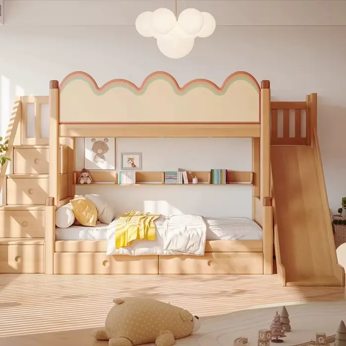 Lit superposé moderne en bois massif gris pour enfants, cadre de lit double, vente chaude, mobilier de chambre et de dortoir pour enfants