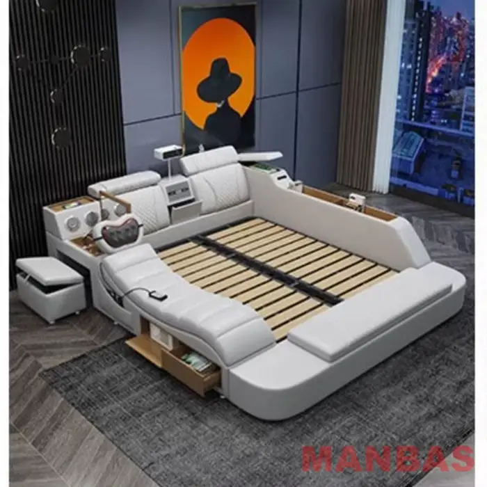 Lit intelligent High-Tech, taille King/Queen, en cuir véritable avec projecteur, USB, haut-parleur,