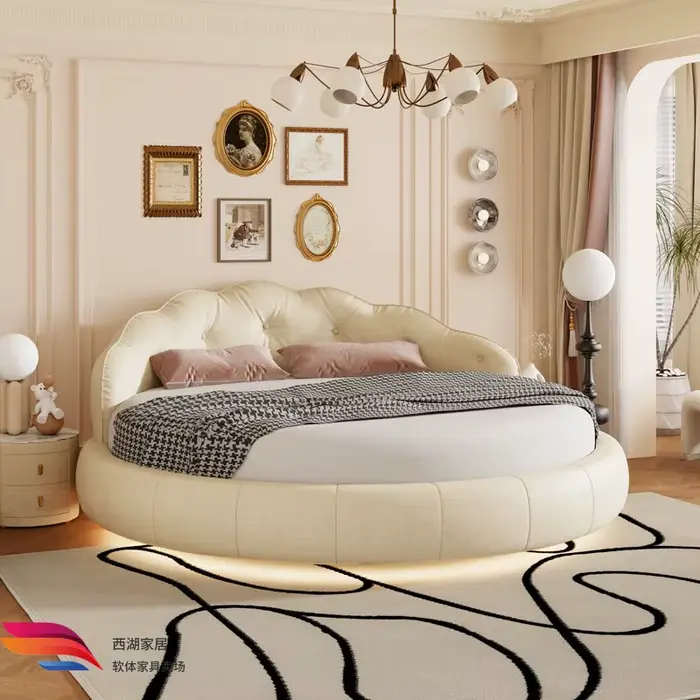 Lit rond de luxe crème avec dossier souple blanc pour 2 personnes, style princesse, lit king size po