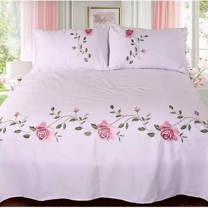 WASART Rose flore broderie design drap plat couleur unie coton sergé lin literie luxe maison textile