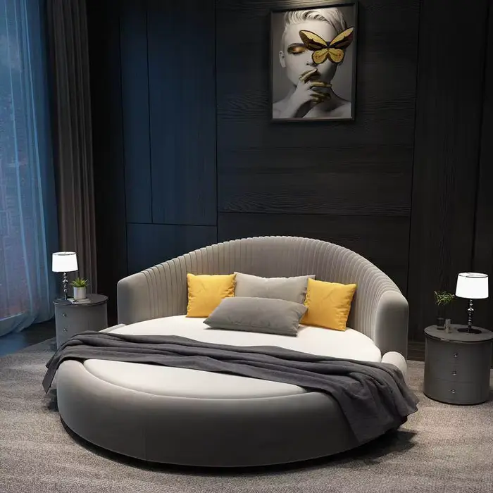 Lit double moderne avec tête de lit et dossier souple, design nordique, pour 2 personnes, cadre king