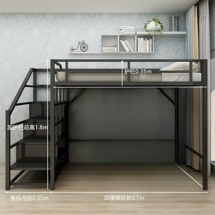Lit superposé supérieur en fer forgé moderne, peu encombrant, deuxième étage, avec draps surélevés, 