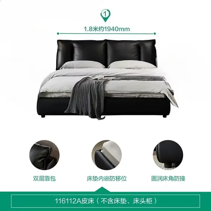 Lit double king size de luxe, cadre de lit queen size noir 180x200cm, tête de lit en bois, lit moder
