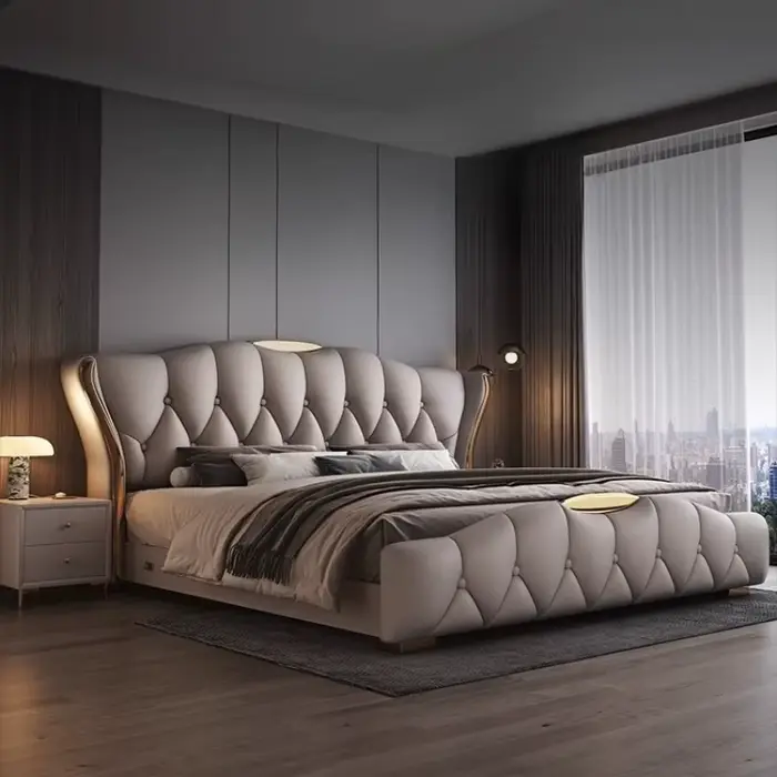 Lit double moderne 200x220cm, cadre de lit king size de luxe pour chambre principale, lit pour 2 per