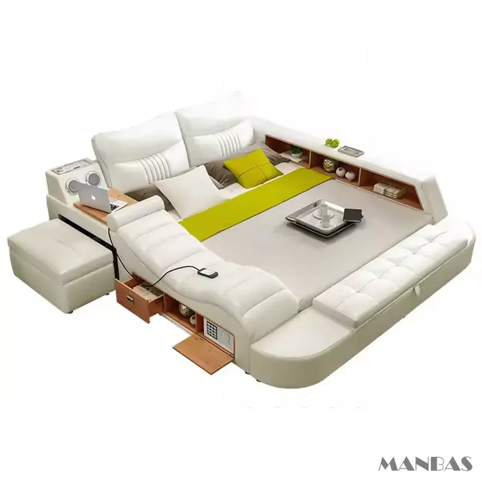 Lit tout-en-un, lit multifonctionnel de luxe en cuir véritable avec haut-parleur, USB, massage – Meu