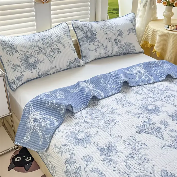 3 pièces housse de lit matelassée ondulée ultra douce à imprimé floral ensemble multi-pièces (1 hous