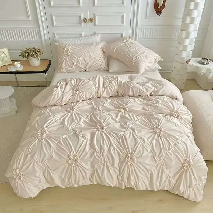 Ensemble de housse de couette à fleurs tridimensionnelles Beige