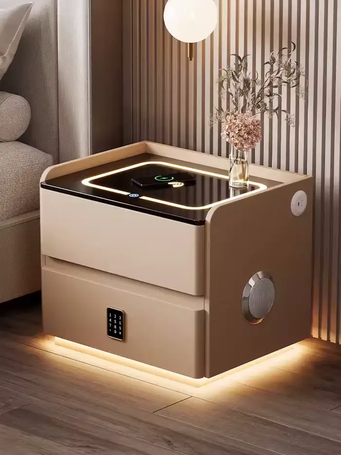 Table de chevet intelligente en bois massif, avec chargement sans fil, Style moderne, 2 tiroirs, ave