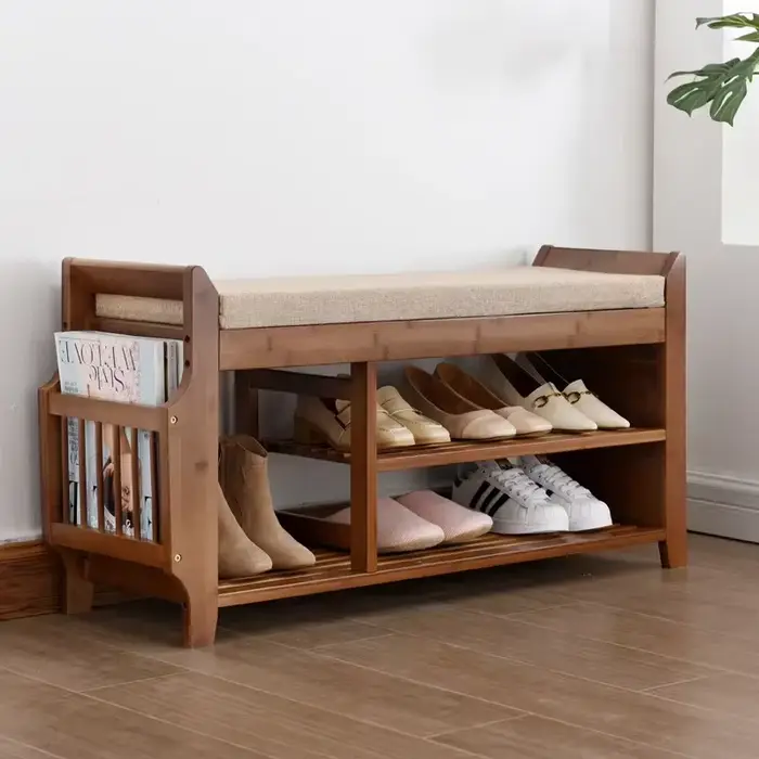 Banc de rangement pour chaussures T1 avec siège à coussin double couche, tabouret à chaussures, hôte