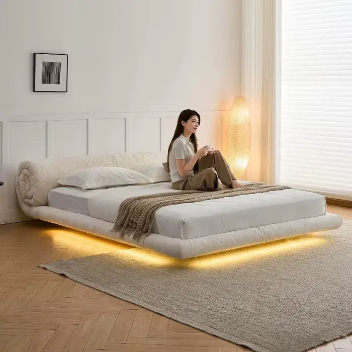 Lit double moderne et simple en tissu de luxe nordique