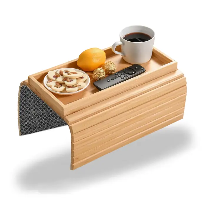 Plateau de bras de canapé en bambou, plateau de repose-bras de canapé pliable au fini en bambou natu