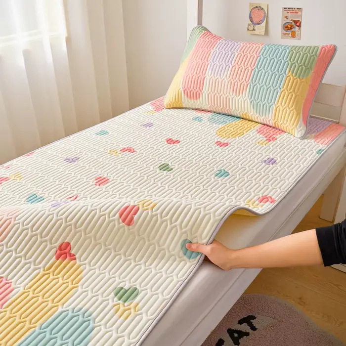 Tapis de lit rafraîchissant en latex imprimé arc-en-ciel pour lit simple ou double, tapis de couchag