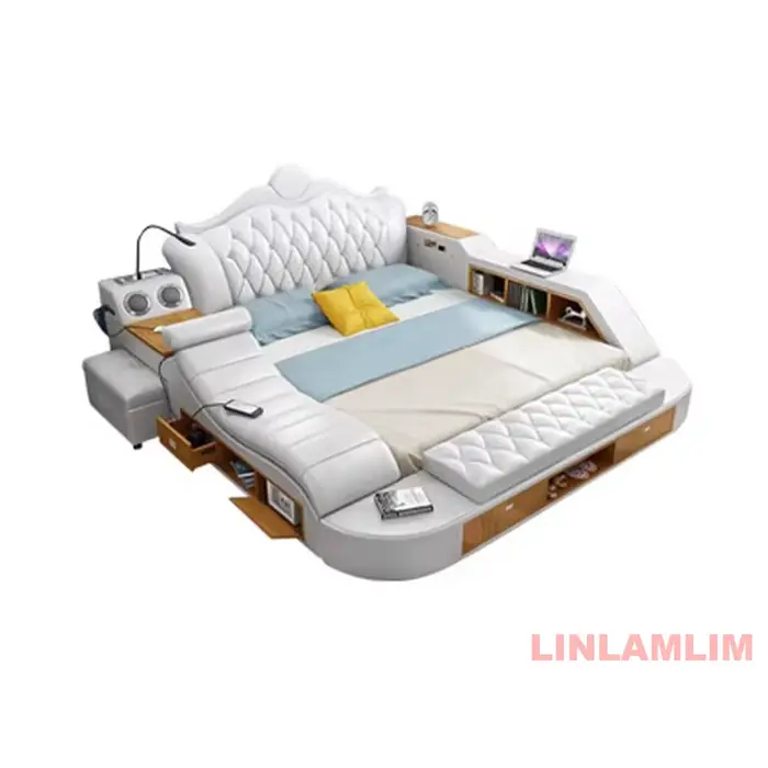 Cadre de lit plateforme moderne en cuir véritable, lit rembourré King/Queen avec rangement, tête de 
