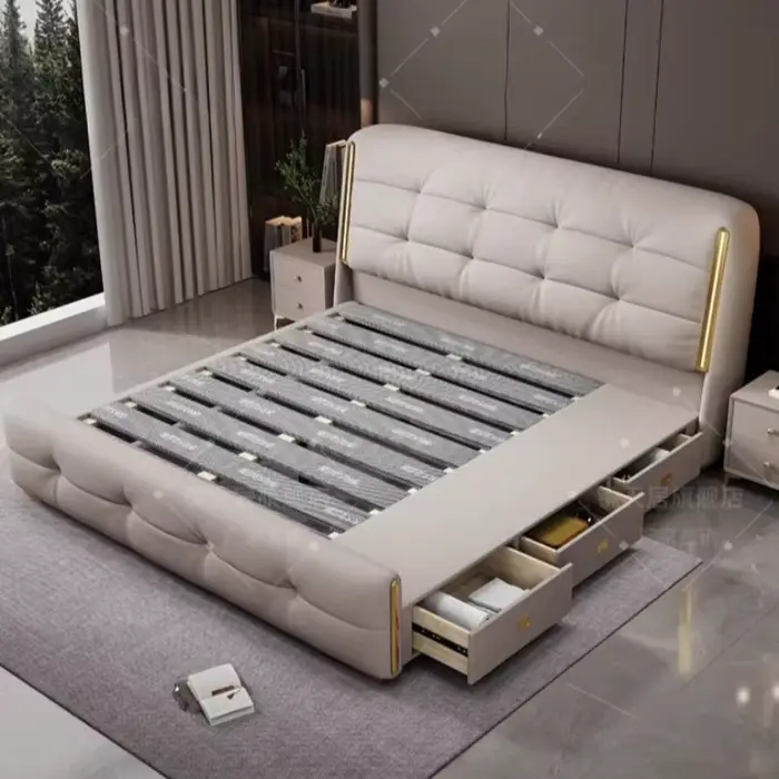 Lit minimaliste rembourré avec rangement, tête de lit double, lit de luxe, tables de chevet uniques,