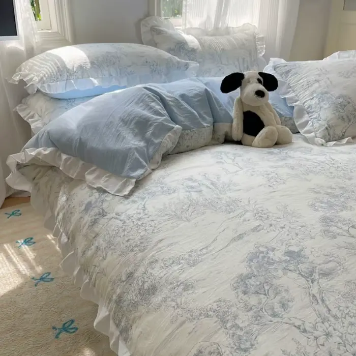 Ensemble de housse de couette à volants floraux bleus, housse de couette en feuilles de fleurs Queen