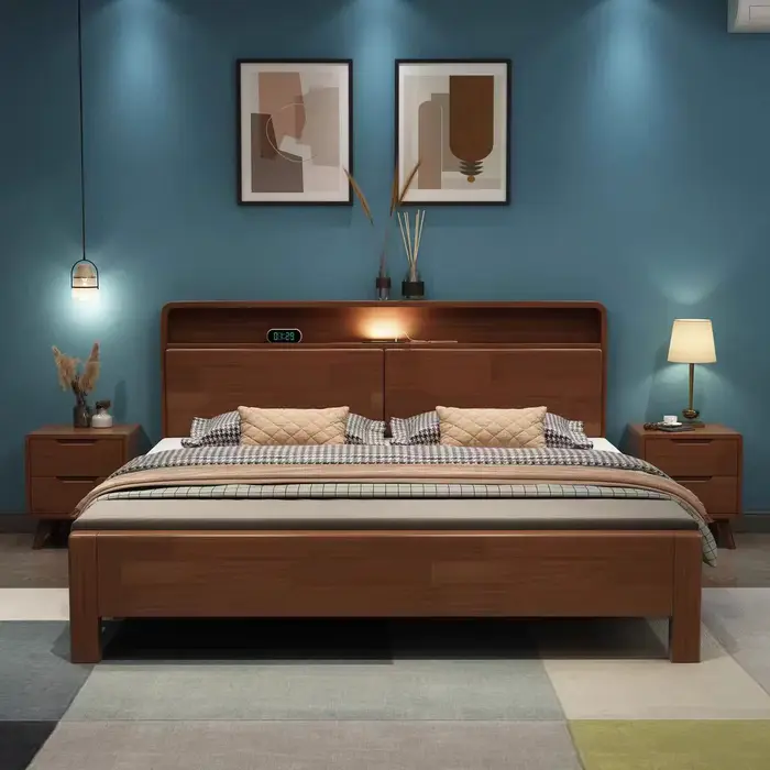 Lit en bois massif de 1,8 m de style simple et moderne avec veilleuse dossier souple rangement écono