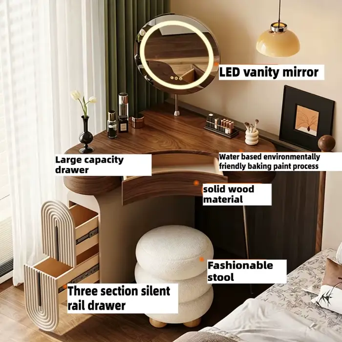 Coiffeuse d'angle en bois pour chambre à coucher avec miroir LED et tabouret