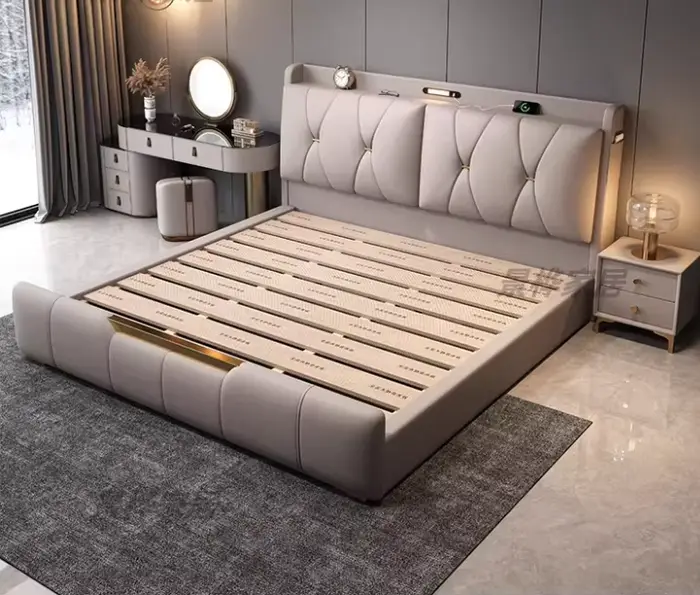 Chambres à coucher : Lit double avec éclairage de nuit et rangement, 180x200cm, Cadre de lit simple,
