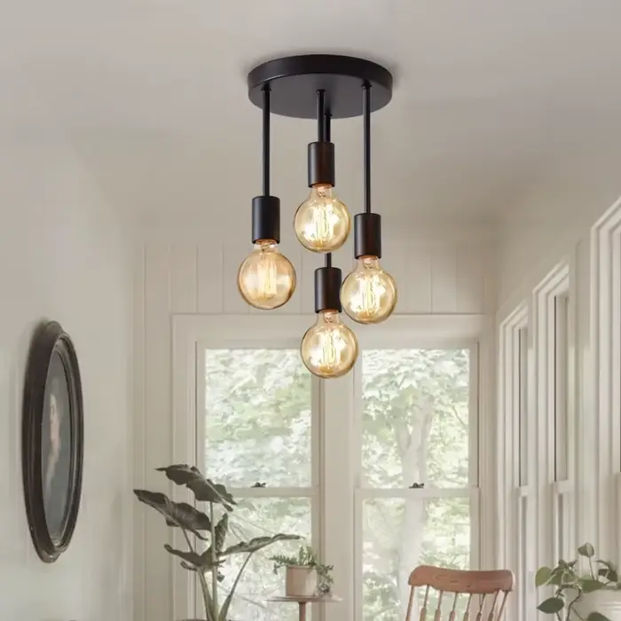 Plafonnier noir moderne à 4 ampoules E27, adapté à la chambre à coucher, à la cuisine, au couloir, a