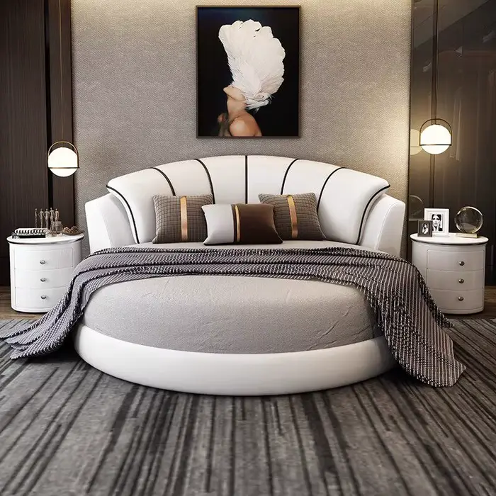 Lit Queen Minimaliste de Luxe avec Cadre et Rangement 200x200cm, Lit Lounge pour Deux Personnes 2.2m
