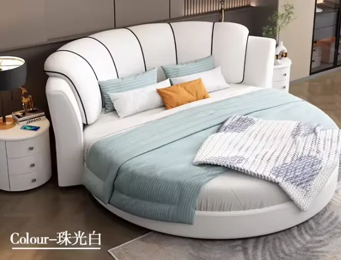 Cadres de lit blancs élégants Queen Low sans matelas, lit rond pour deux personnes, accessoires de m