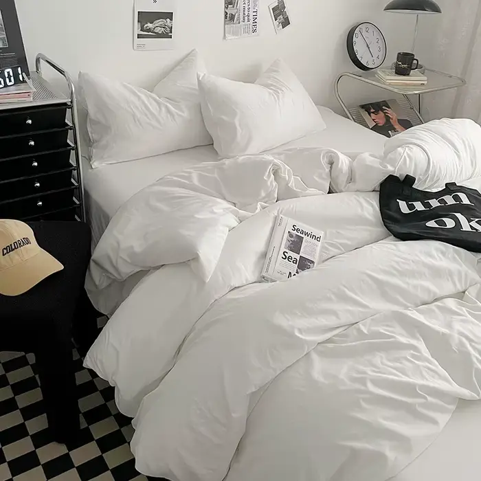 Parure de lit en coton lavé 4 pièces, ensemble de draps de couleur unie, housse de couette pour lit 