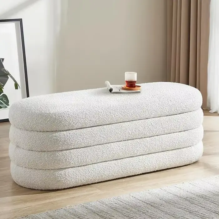 Un banc de rangement ottoman de 49,2 pouces, tissu rembourré, fin du lit, banc de rangement esthétique, grand pied de lit (ivoire)