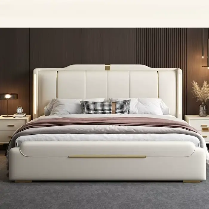Cadre de lit Queen-size capitonné de luxe en cuir et bois massif, lit double Queen-size avec rangement pour la chambre à coucher, pour la maison ou l'hôtel.