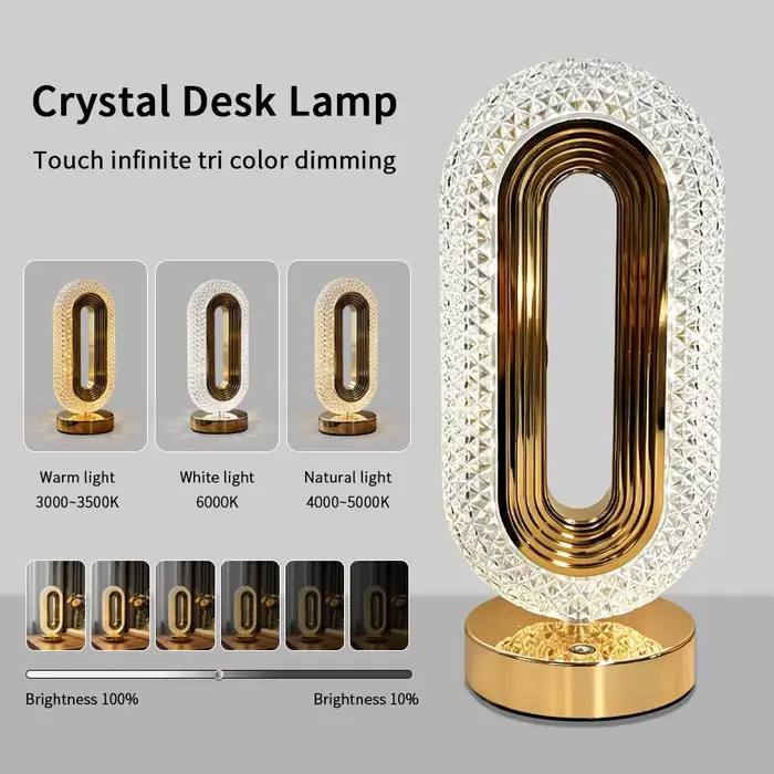 Lampe de table en cristal LED, lampe de chevet à intensité variable tactile, veilleuse, rechargeable