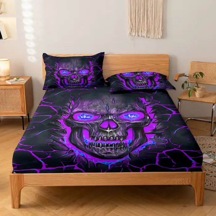 Ensemble de housse de literie à motif de crâne violet clair, drap-housse, doux et confortable, décor