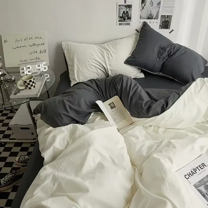 Parure de lit 4 pièces en coton double lavage couleur unie de haute qualité pour dortoir étudiant