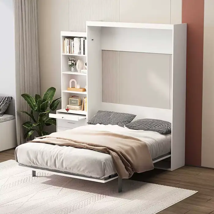 Lit Murphy vertical blanc pleine grandeur avec étagères et tiroirs pour chambre ou toilettes Lit mur