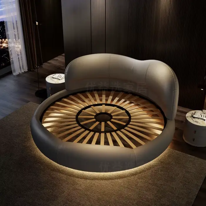 Lit rond unique de style japonais, sans matelas, cadre de lit pleine grandeur avec tête de lit rembo