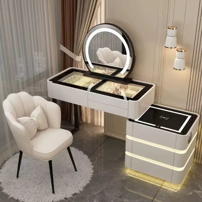 Coiffeuse moderne éclairée et extensible pour chambre à coucher avec miroir LED à 3 couleurs, table 