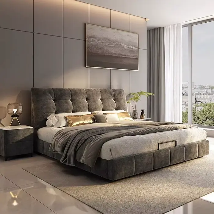 Chambre à coucher lits fantaisie minimaliste cadre moderne lits de luxe tables de nuit uniques Muebl