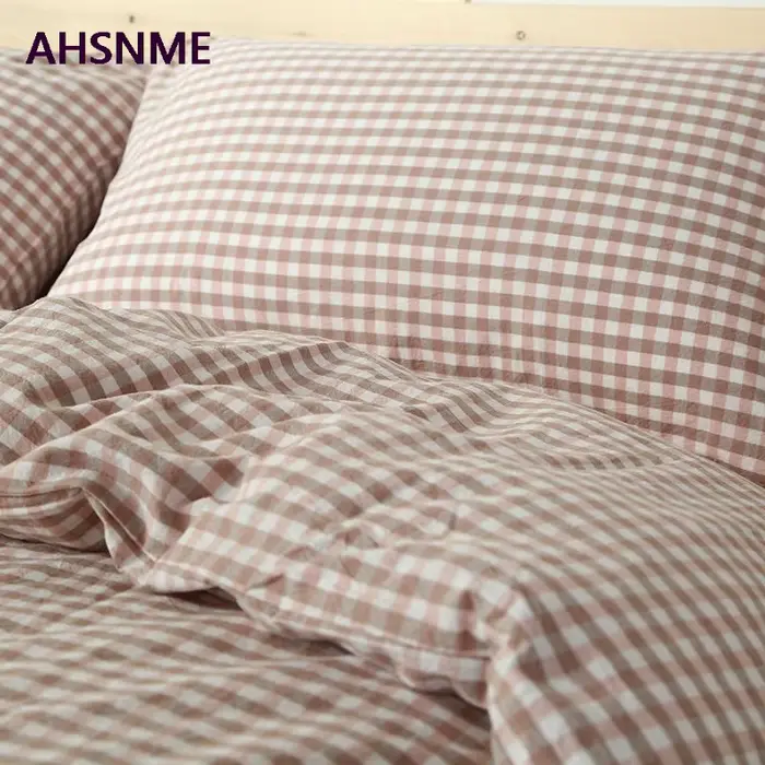 AHSNcloser-Parure de lit 100% coton, linge de lit super doux, couvre-lit d'été cool, rose à carreaux