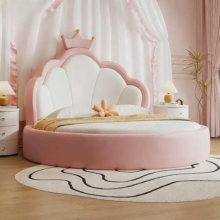 Lit double rond de luxe rose pour adultes, 180x200, pour filles, adolescents, style italien, mignon,