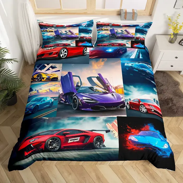 Parure de lit double pour voiture de sport pour garçons, housse de couette pour voiture de course, d