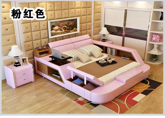 Cadre de lit moelleux en cuir véritable, design moderne avec espaces de rangement, mobilier d'intéri