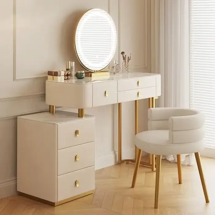 # Ensemble de Table de vanité de maquillage blanc moderne, avec miroir intelligent, dessus en ardois