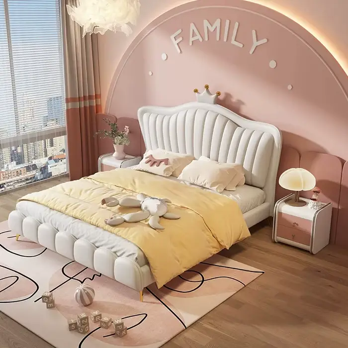 Chambre pour fille Lit enfant - Lit princesse couronne en bois massif avec espace de rangement - Lit