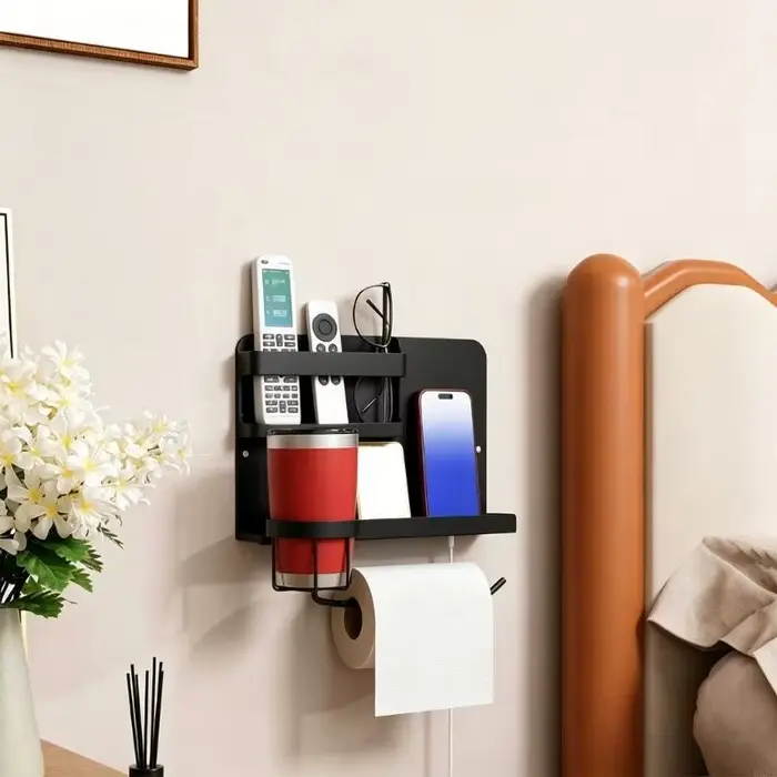 Étagère rangement lit multifonctionnelle avec support pour tasses espace télécommande pour livres lunettes KXRE