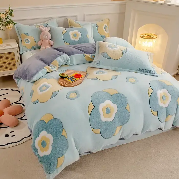 Housse de couette en polaire épaisse et chaude, en flanelle corail, double face en velours, pour lit