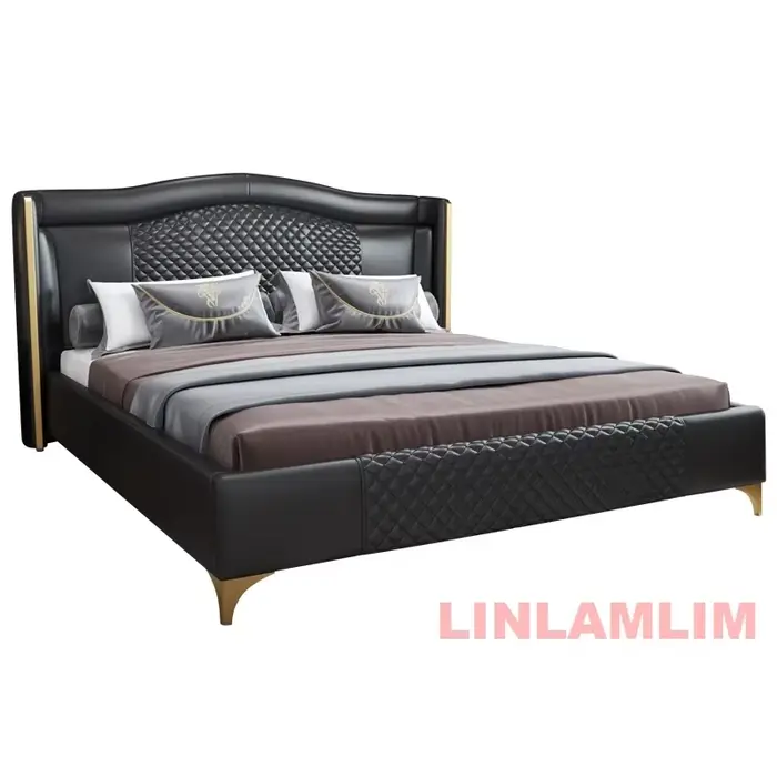 Linlamlim Lit rembourré de luxe en cuir véritable avec tête de lit matelassée – Lit souple moderne K