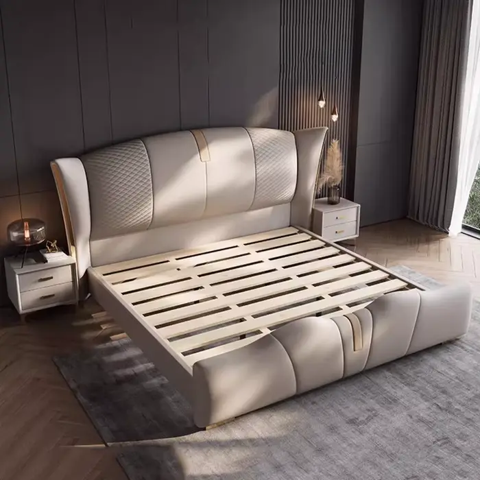 Lit de luxe rembourré 200x220cm avec cadre, support de pieds en métal minimaliste, tête de lit, mobi
