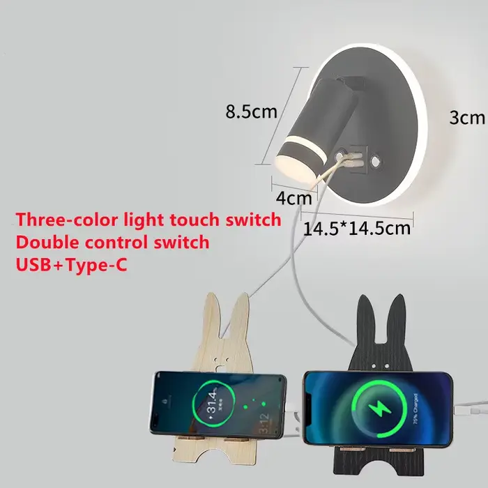 Lampe murale à chargement sans fil, USB, rotative, pour chambre à coucher, chevet, lecture, interrup